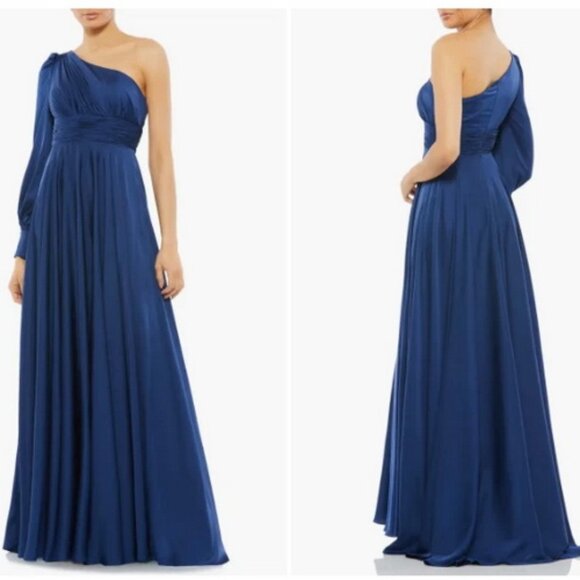 Mac Duggal Midnight Blue One shoulder Long Sleeve Satin Gown